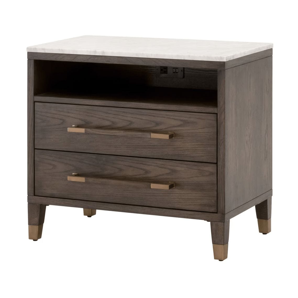 Cambria brown oak nightstand with white marble top, two drawers, open cubby with USB, and power outlet.