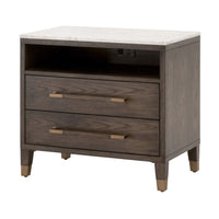 Cambria brown oak nightstand with white marble top, two drawers, open cubby with USB, and power outlet.