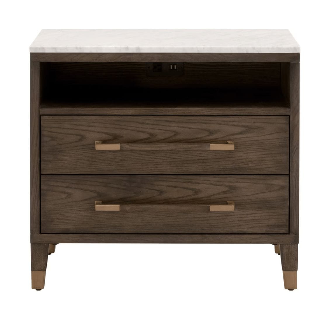 Cambria brown oak nightstand with white marble top, two drawers, open cubby with USB/power, and gold accents.
