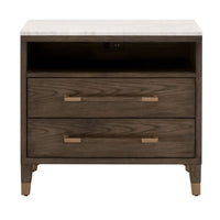 Cambria brown oak nightstand with white marble top, two drawers, open cubby with USB/power, and gold accents.