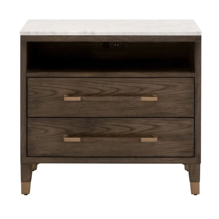 Cambria brown oak nightstand with white marble top, two drawers, open cubby with USB/power, and gold accents.