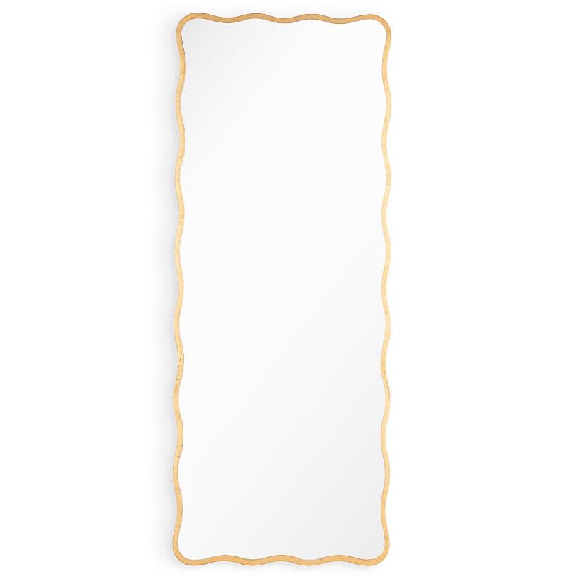 Tall Candice dressing room mirror with an undulating gilded frame and beveled edge.