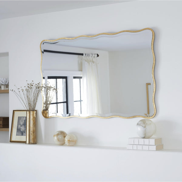 Candice Gold Leaf Rectangle Mirror with an undulating gilded frame and beveled edge, 44x28 inches.