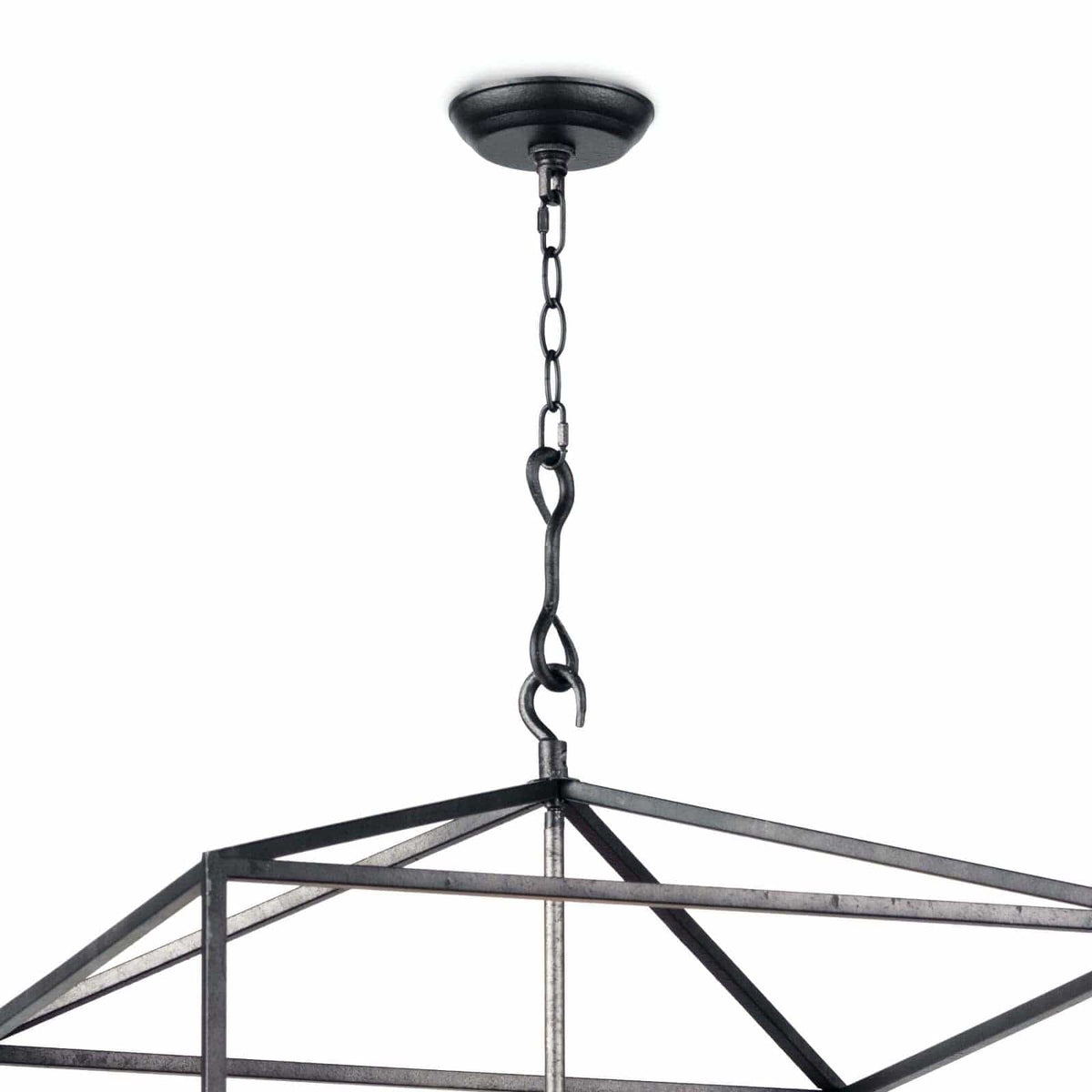 Cape Lantern Blackened Iron chandelier with geometric frame and candelabra lighting.