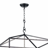 Cape Lantern Blackened Iron chandelier with geometric frame and candelabra lighting.