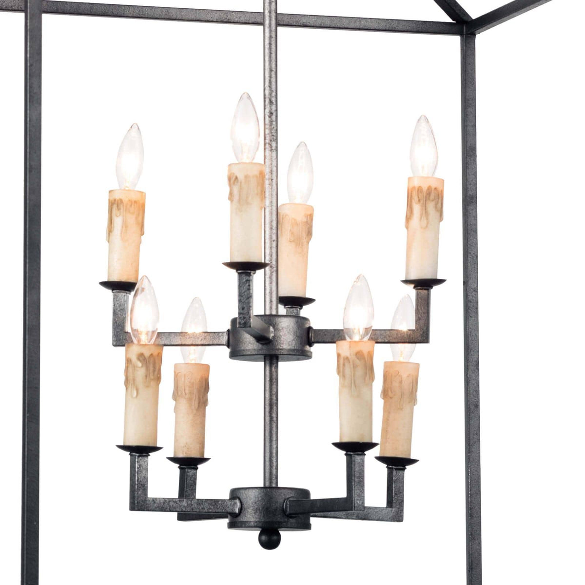 Blackened Iron Cape Lantern with geometric frame and eight candelabra lights.