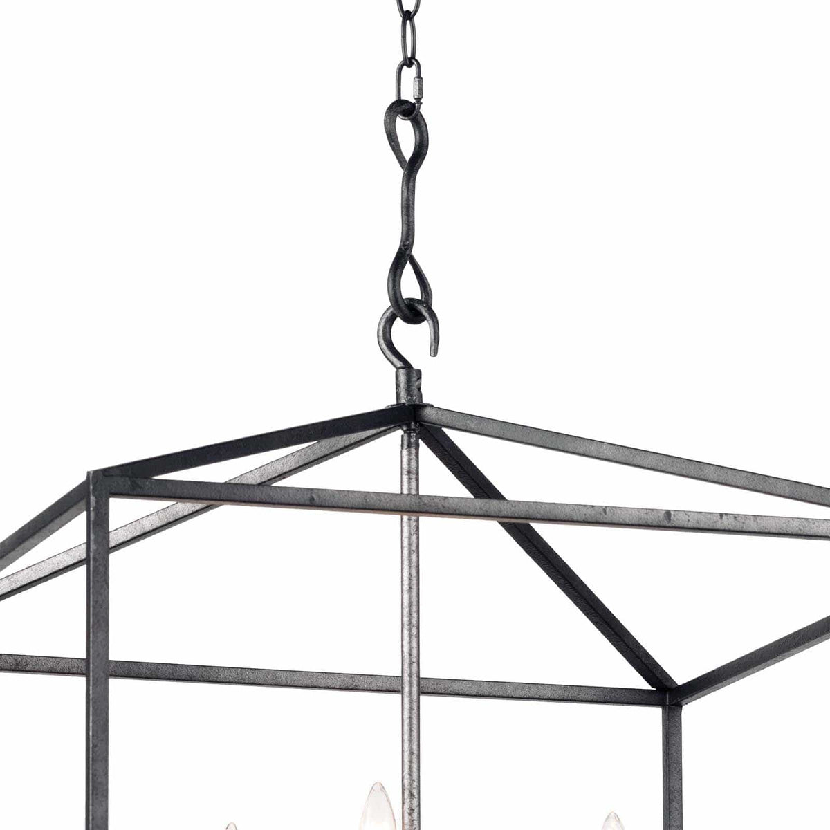 Cape Lantern Blackened Iron chandelier with geometric frame and candelabra lighting.