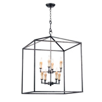 Blackened iron Cape Lantern chandelier with geometric frame and eight candelabra lights.