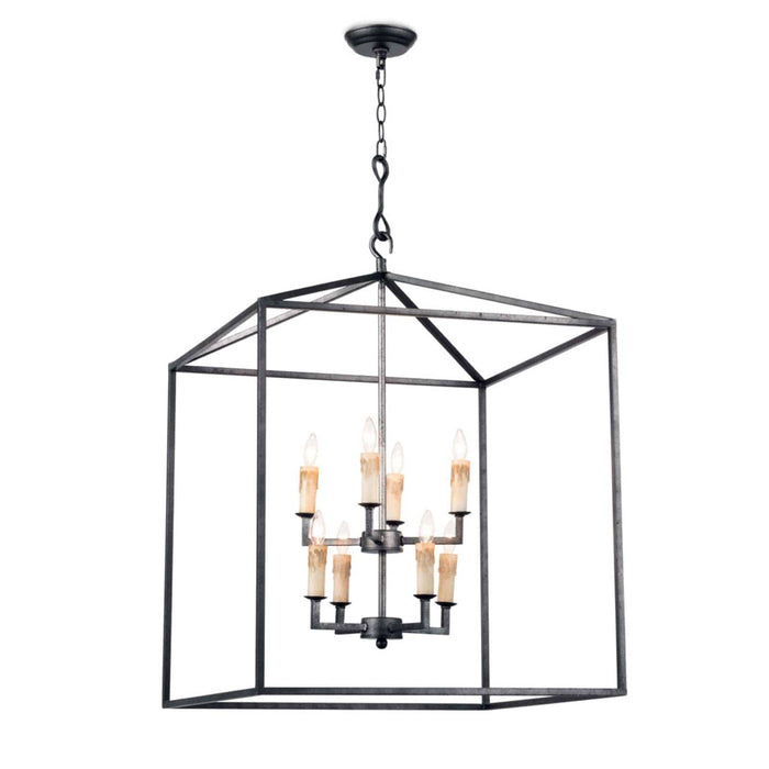 Blackened iron Cape Lantern chandelier with geometric frame and eight candelabra lights.