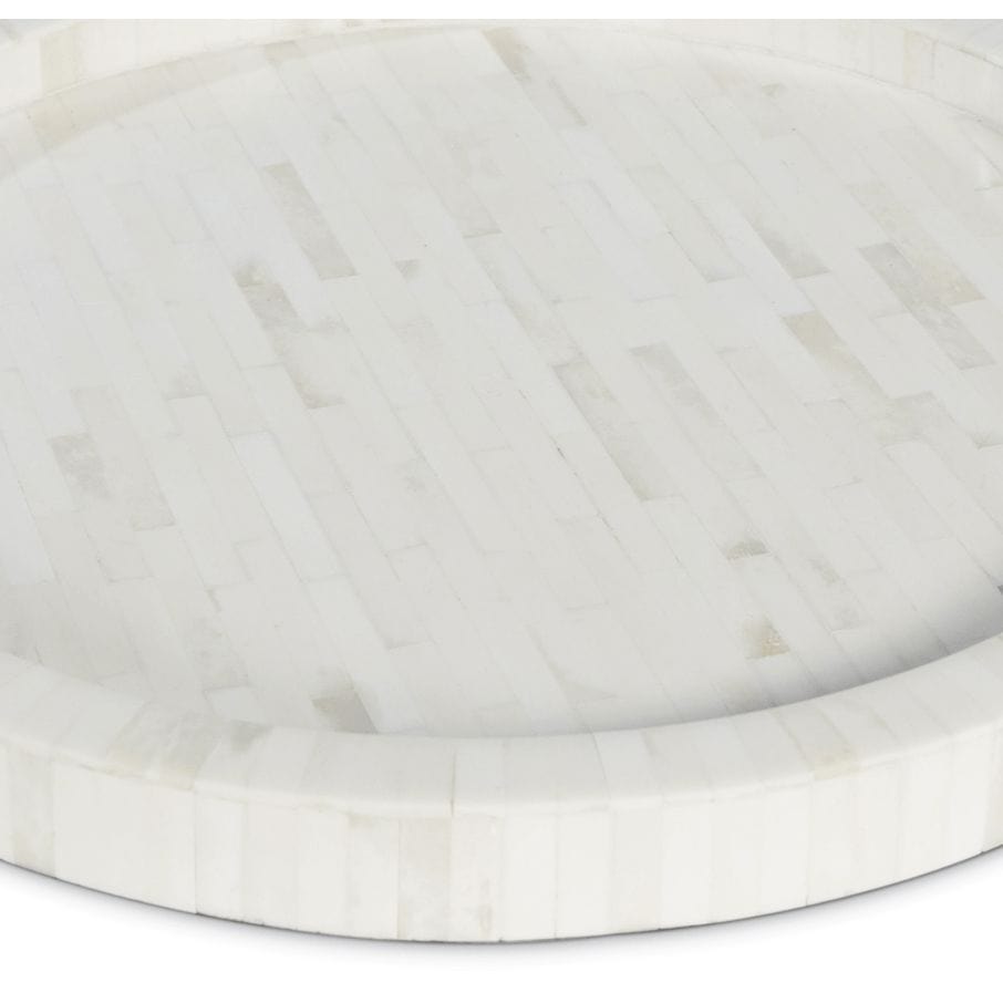 Round Capri Natural Ivory Bone Decorative Tray with mosaic tile pattern.