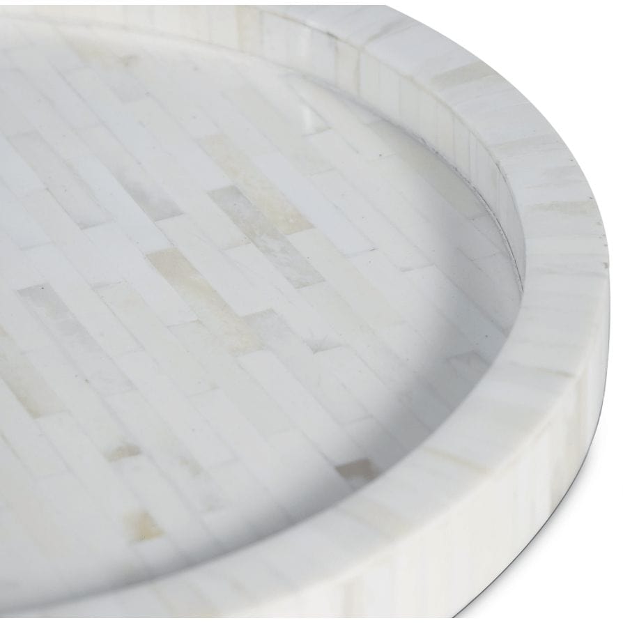 Round Capri Natural Ivory Bone Decorative Tray with individual bone pieces.