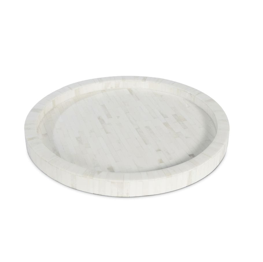 Round Capri natural ivory bone decorative tray, 16" wide, crafted from individual bone pieces.