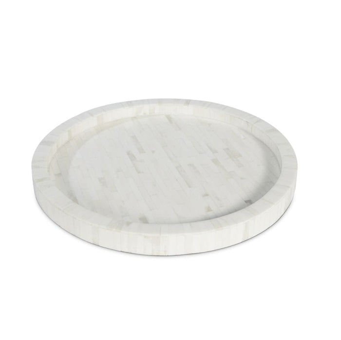 Round Capri natural ivory bone decorative tray, 16" wide, crafted from individual bone pieces.