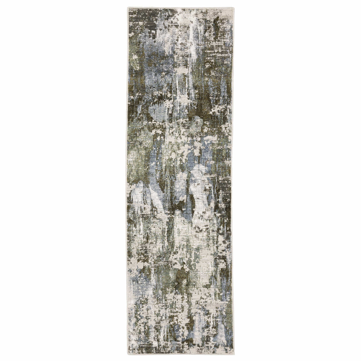 Caravan Moss Green & Blue Contemporary Rug, long runner with textured, multi-level surface.