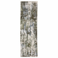 Caravan Moss Green & Blue Contemporary Rug, long runner with textured, multi-level surface.