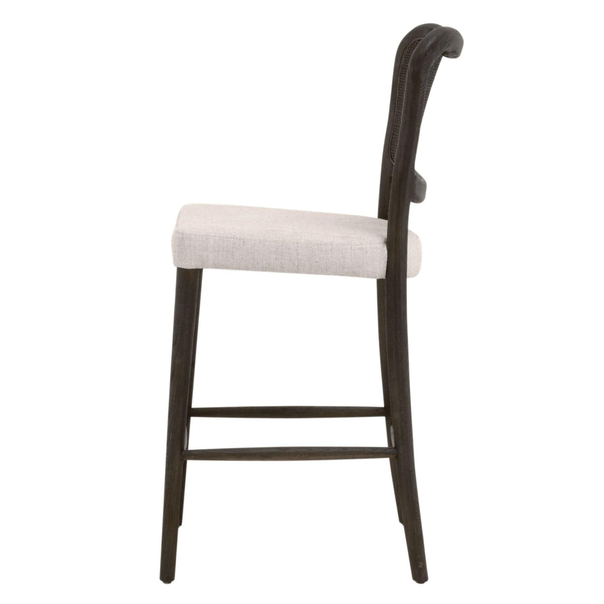 Carly Matte Brown Cane Counter Stool with bisque upholstered seat and curved back.