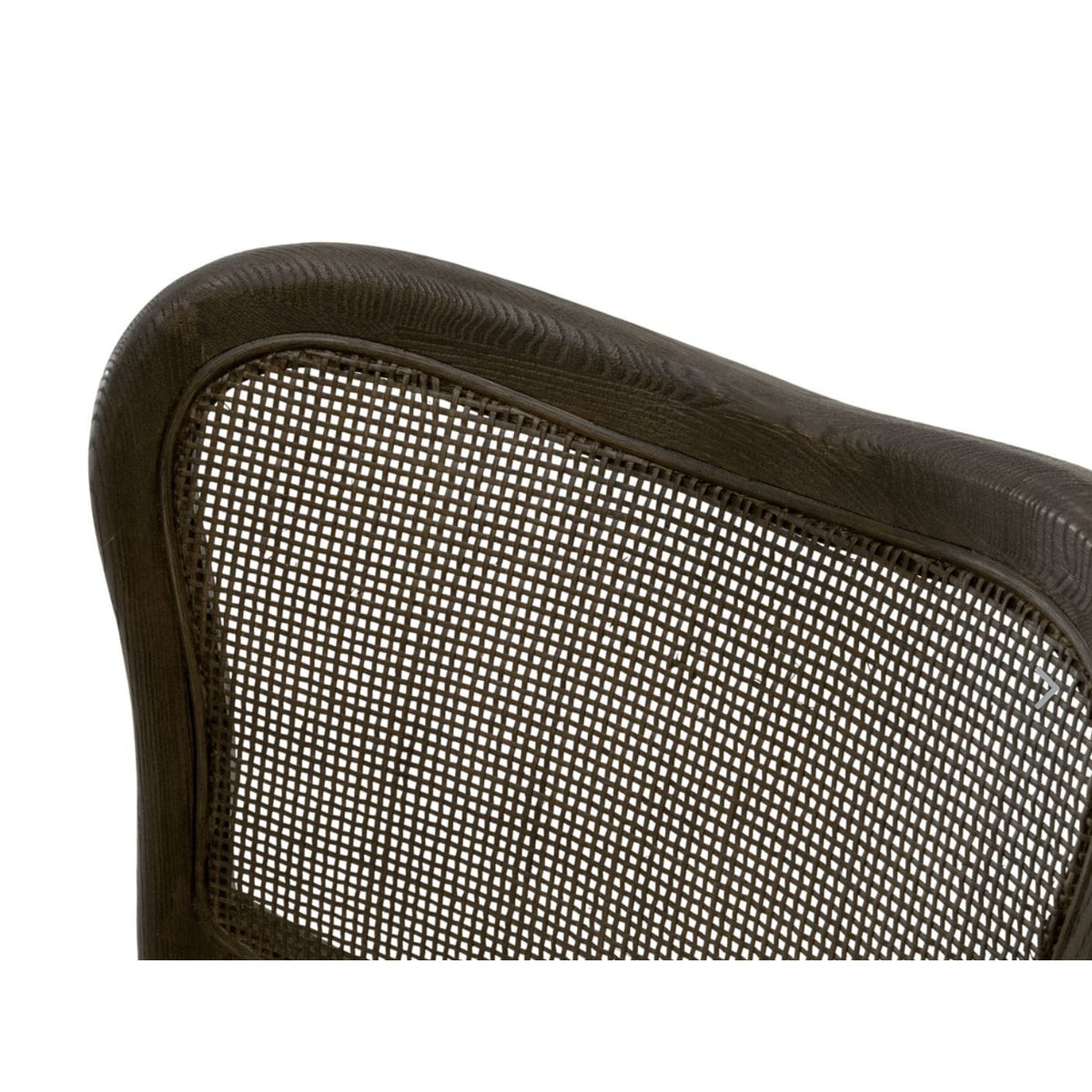 Close-up of Carly Matte Brown Cane Dining Chair back, showing dark oak wood frame and woven cane.