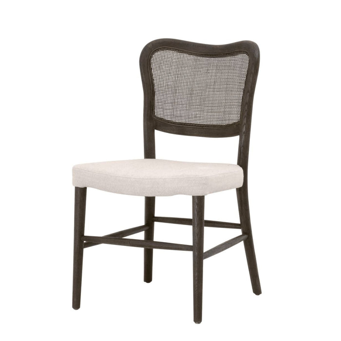 Carly Matte Brown Cane Dining Chair with dark oak frame and light linen fabric seat.