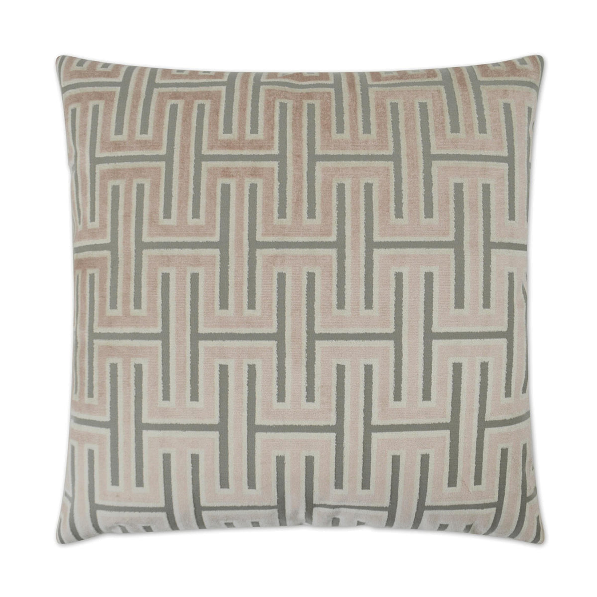Carlyle Blush 24" square decorative throw pillow with a geometric pattern in blush, grey, and cream.