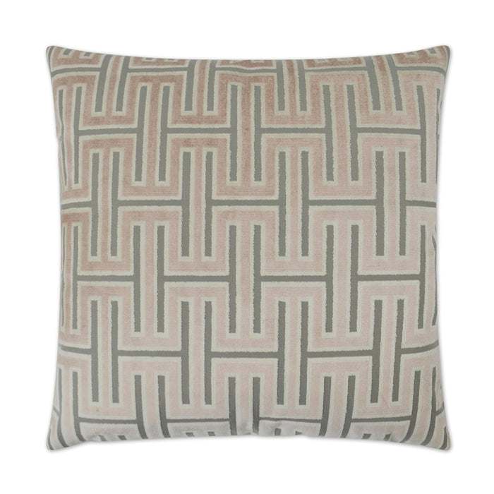 Carlyle Blush 24" square decorative throw pillow with a geometric pattern in blush, grey, and cream.