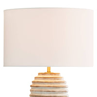 Carmel Wood Table Lamp with a white-washed, distressed wood body, carved ridges, and a large white drum shade.