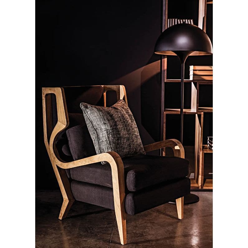Carol Teak & Black Upholstered Chair with Windsor-inspired design, natural teak frame, and dark fabric cushions.