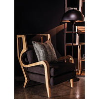 Carol Teak & Black Upholstered Chair with Windsor-inspired design, natural teak frame, and dark fabric cushions.