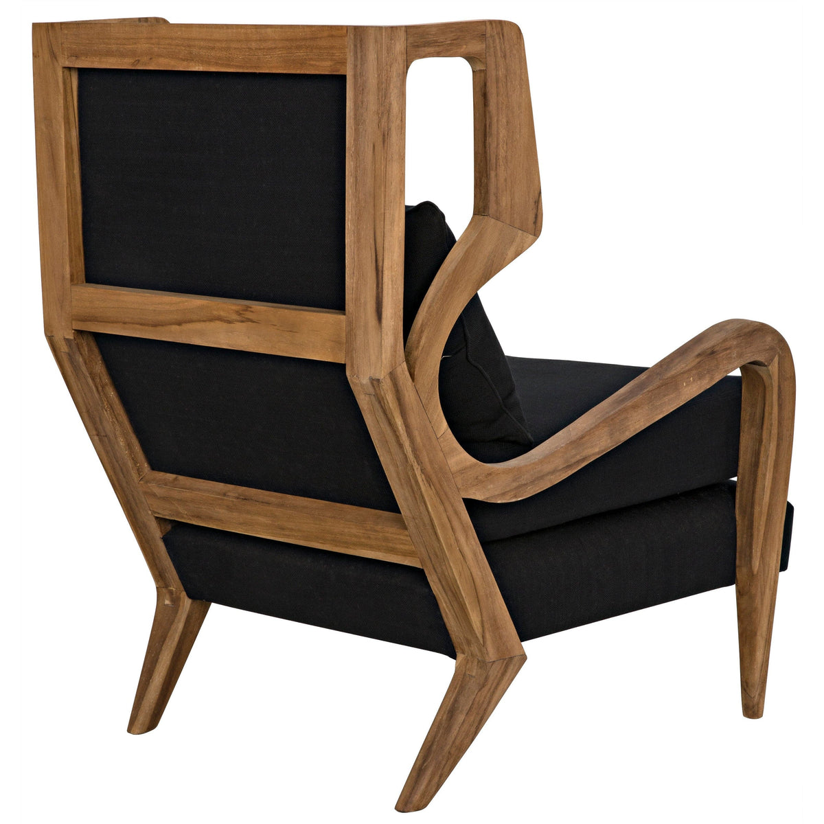 Carol Teak & Black Upholstered Chair with Windsor-inspired design, natural teak frame, and black cushions.