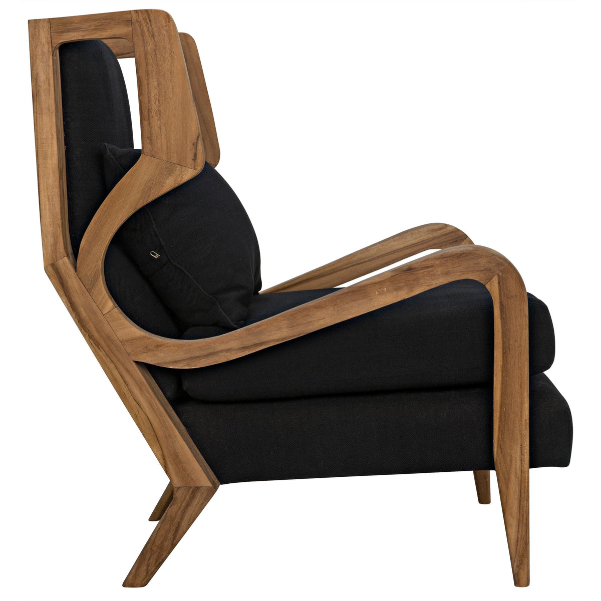 Carol Teak & Black Upholstered Chair with Windsor-inspired design, natural teak frame, and black fabric.