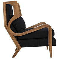 Carol Teak & Black Upholstered Chair with Windsor-inspired design, natural teak frame, and black fabric.