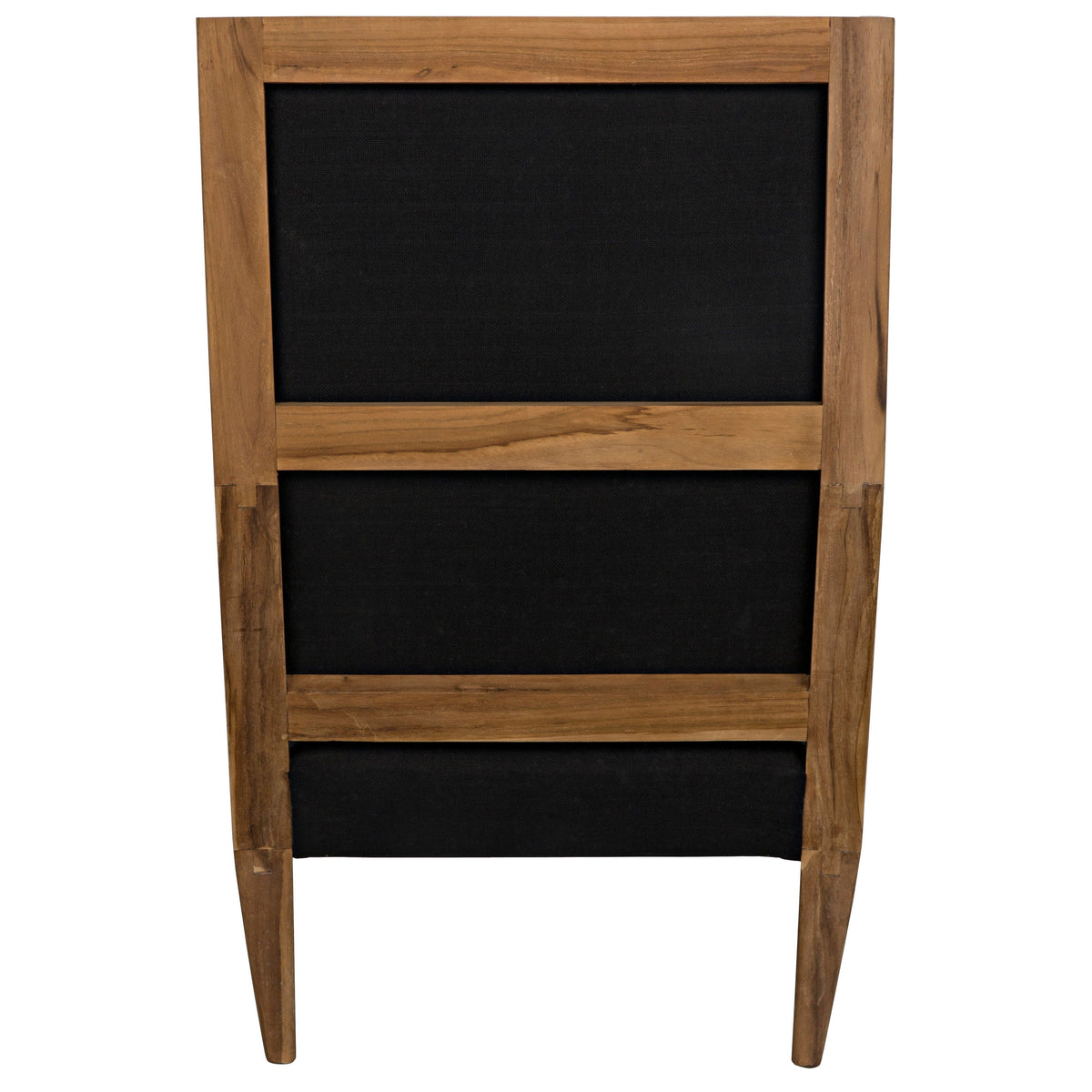 Back of a Carol Teak & Black Upholstered Chair with a natural teak frame and black fabric.