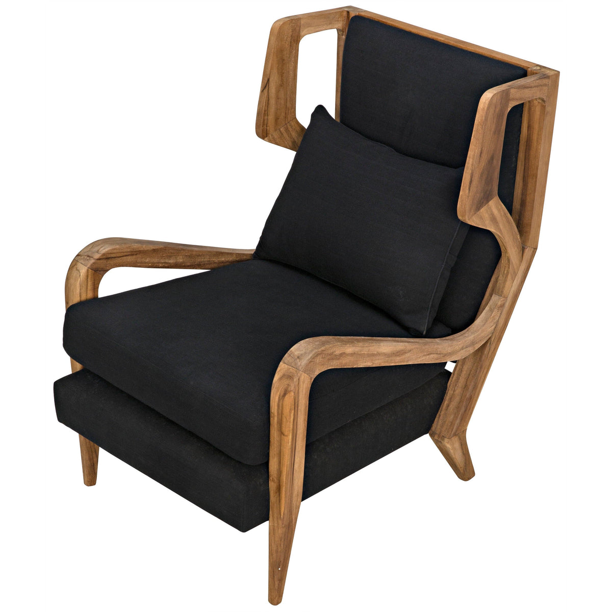Carol Teak & Black Upholstered Chair with Windsor-inspired design, natural teak frame, and black fabric cushions.