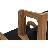 Carol Teak & Black Upholstered Chair with Windsor-inspired design, natural teak frame, and black cushions.