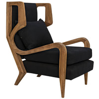 Carol Teak & Black Upholstered Chair with Windsor-inspired design, natural teak frame, and black fabric cushions.