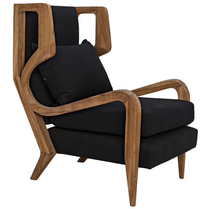Carol Teak & Black Upholstered Chair with Windsor-inspired design, natural teak frame, and black fabric cushions.