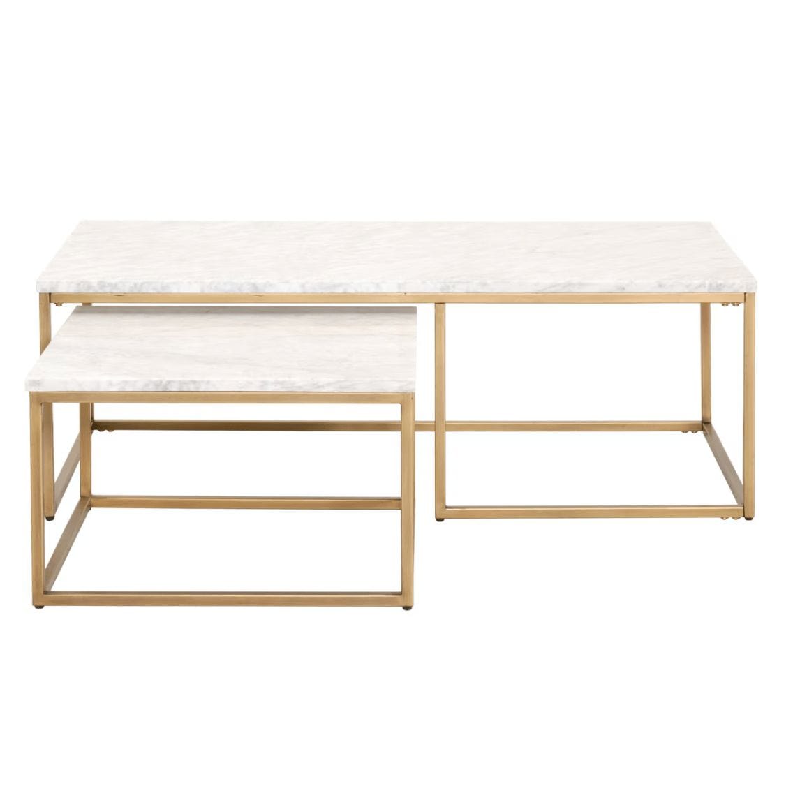 Carrera nesting coffee table with white marble veneer tops and brushed gold steel bases.