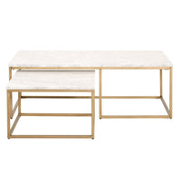 Carrera nesting coffee table with white marble veneer tops and brushed gold steel bases.