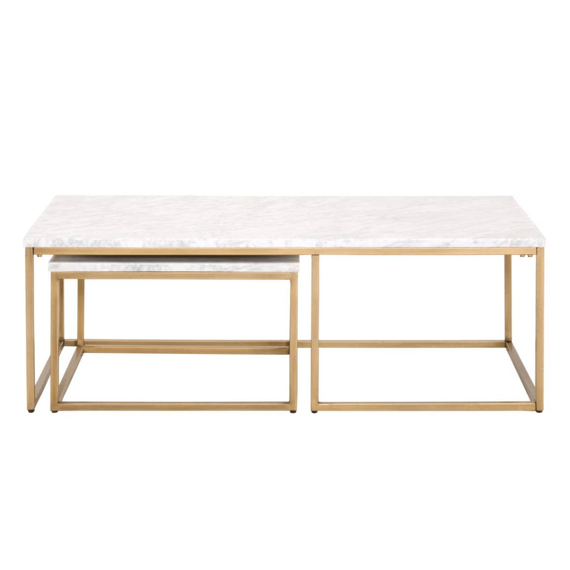 Carrera Nesting Coffee Table with white marble veneer tops and brushed gold steel bases.