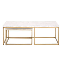 Carrera Nesting Coffee Table with white marble veneer tops and brushed gold steel bases.