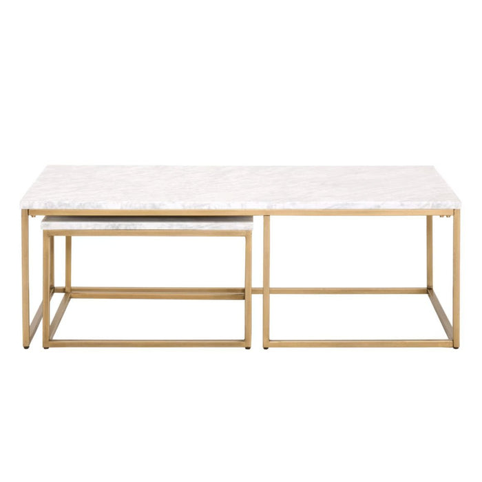 Carrera Nesting Coffee Table with white marble veneer tops and brushed gold steel bases.