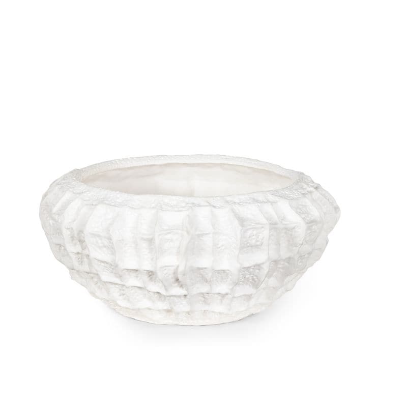 Caspian White Ceramic Bowl with unique textured ridges, 16.5" wide.