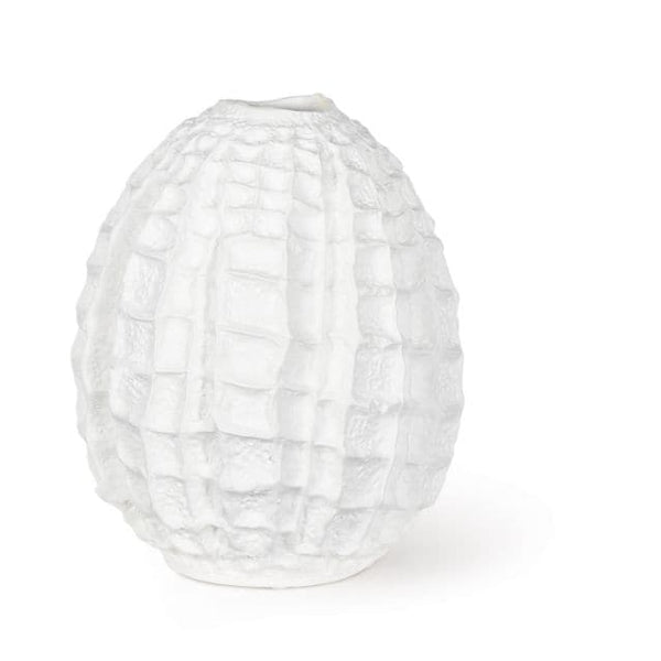 White ceramic Caspian vase with unique textured ridges, 11" tall.