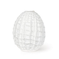 White ceramic Caspian vase with unique textured ridges and an oval shape.