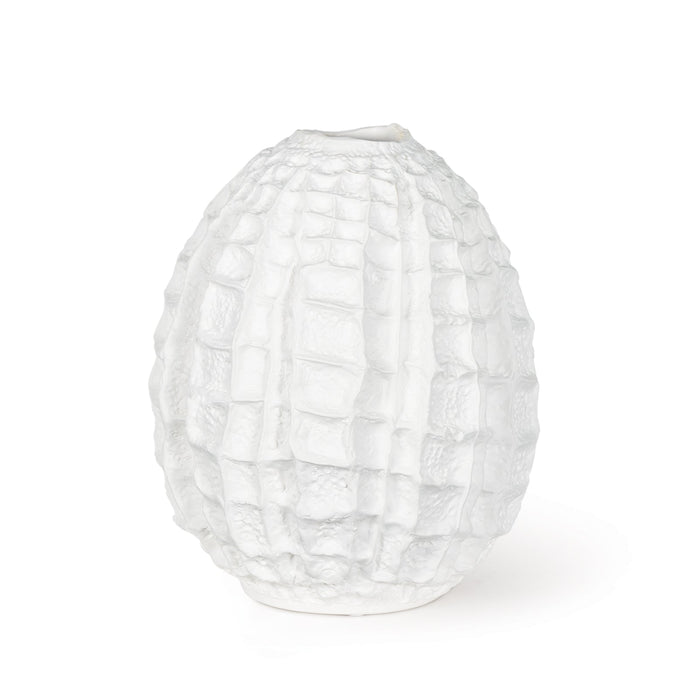 White ceramic Caspian vase with unique textured ridges and an oval shape.