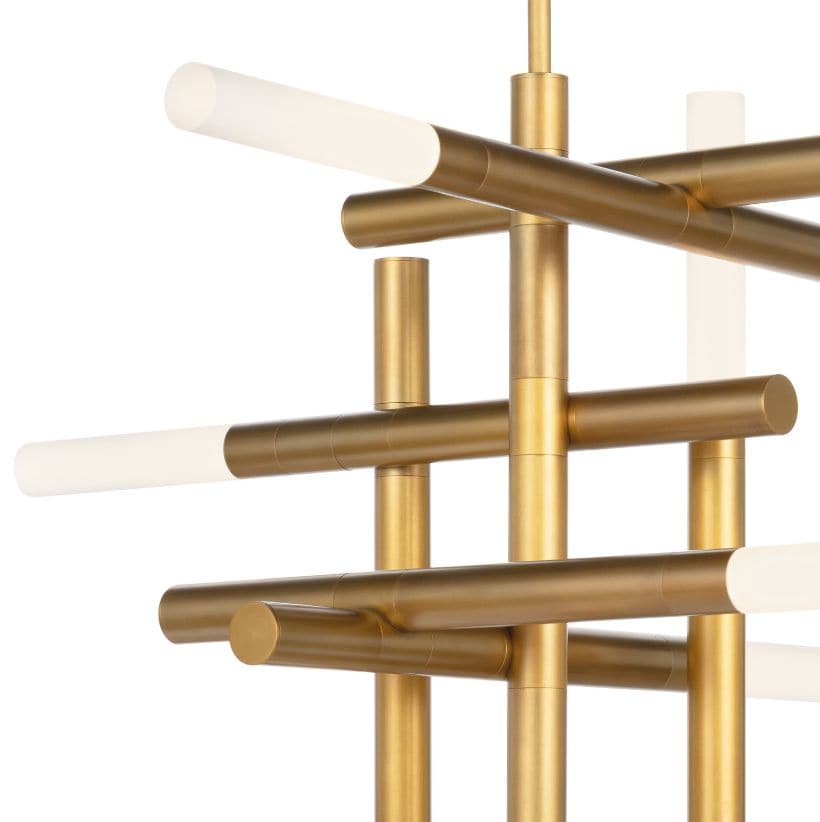 Modern Cass Natural Brass Chandelier with grid-like form and frosted acrylic diffusers.