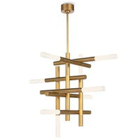Modern Cass Natural Brass Chandelier with vertical and horizontal arms and frosted acrylic LED diffusers.