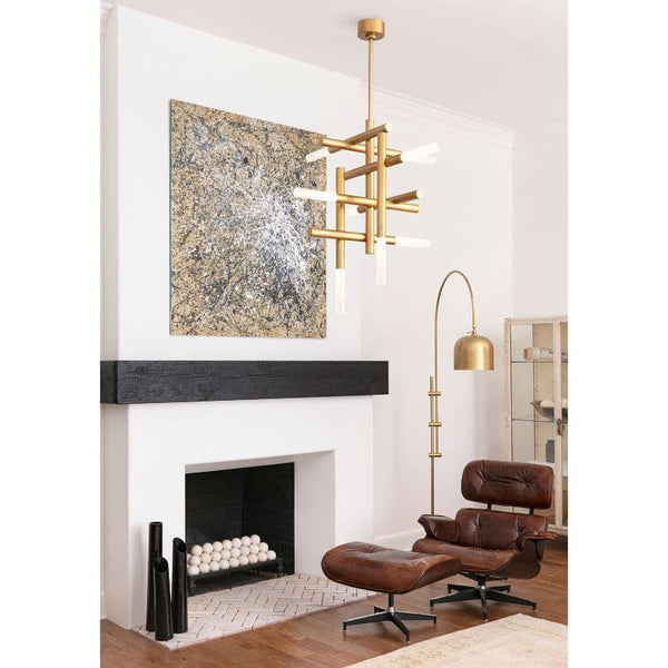 Cass Polished Nickel Chandelier with frosted acrylic diffusers, modern grid-like design, 40.5"H x 38.25"W.
