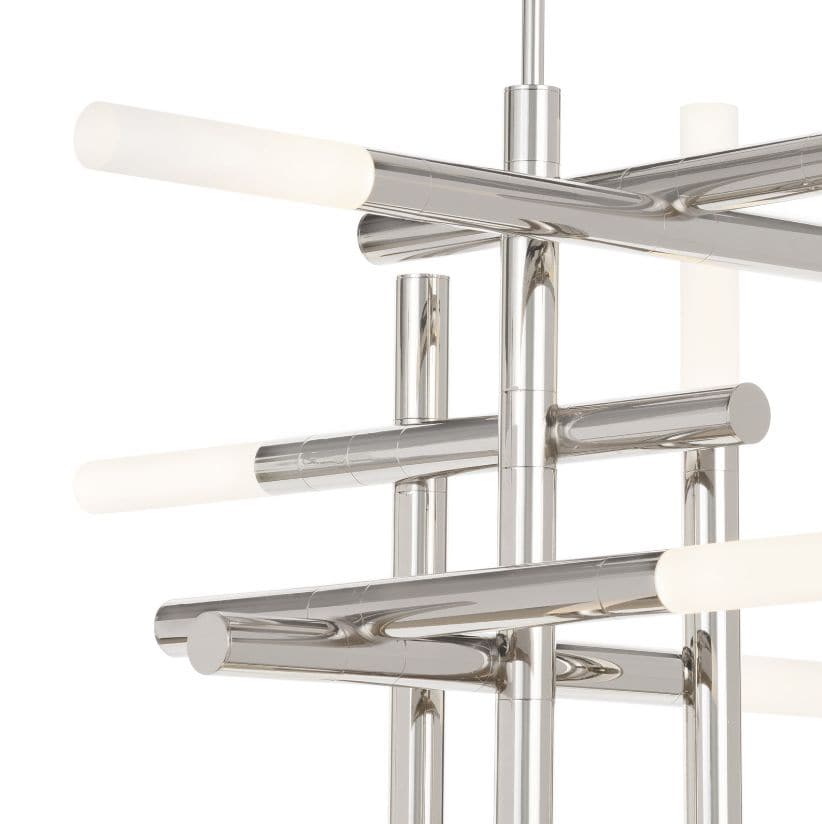 Modern Cass Chandelier with polished nickel finish, horizontal and vertical arms, and frosted acrylic diffusers.