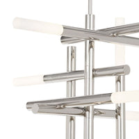 Modern Cass Chandelier with polished nickel finish, horizontal and vertical arms, and frosted acrylic diffusers.
