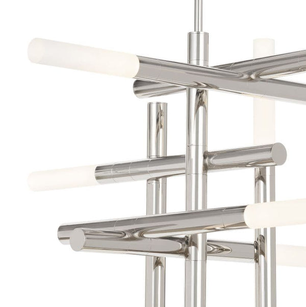 Modern Cass Chandelier with polished nickel finish, horizontal and vertical arms, and frosted acrylic diffusers.